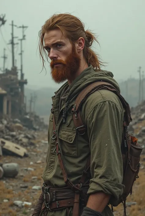 homme de 29ans qui parrait jeune il mesure 1m80 couleur des yeux marron cheveux long attacher avec une barbe courte rouge et déprimer il n'est pas en costume décor post apocalyptique 