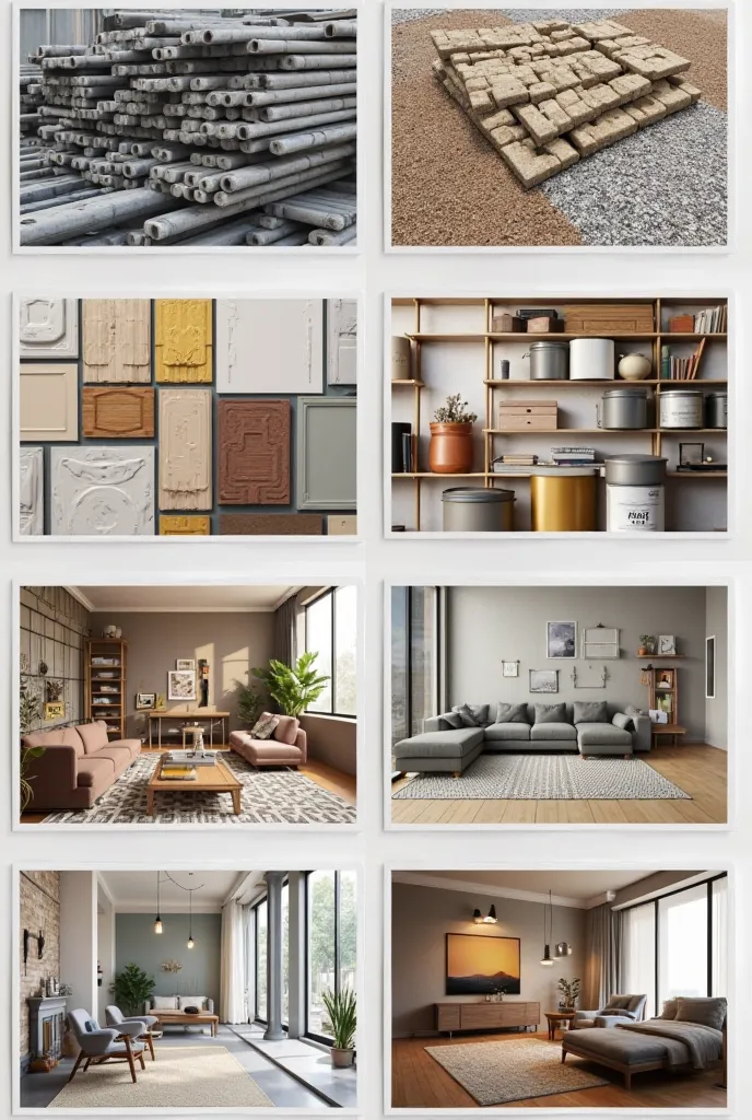 A neatly arranged collage displaying a full range of construction and design materials. Each category is showcased in a separate panel or section within the collage. One section highlights gray structure materials such as steel bars, cement bags, bricks, g...