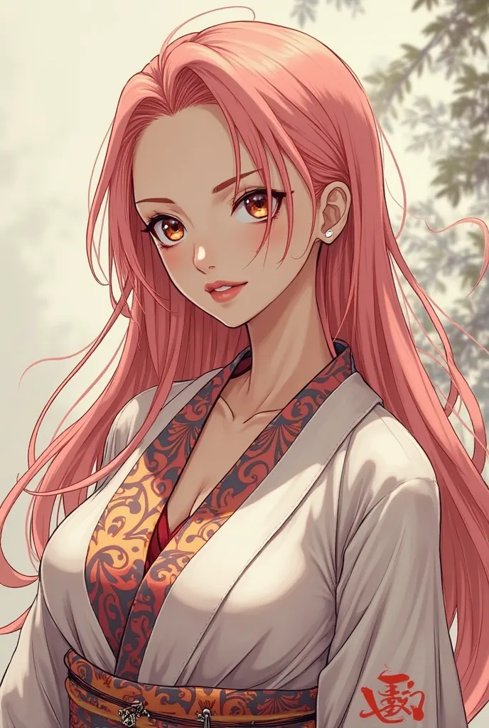 Drawing in the line from the anime One Piece of a woman with long slightly pink red hair,  white skin, Light gold eyes and wearing kimono