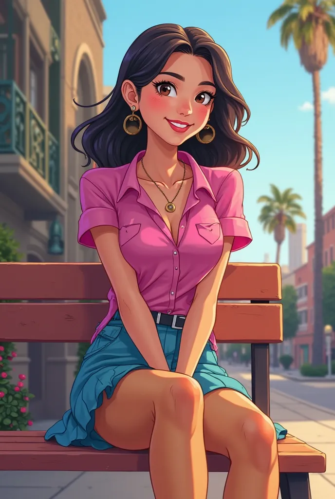 Tip: A very lovely  beautiful Asian American woman being happy alone on a bench in Downtown San Diego in the sun..The illustration is a high definition illustration with 4k resolution., with highly detailed facial features and cartoon style visuals, fuchsi...