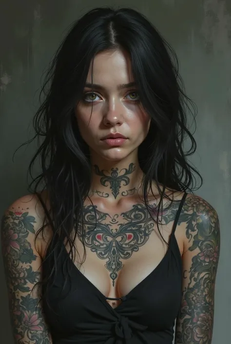 sarah,  a 28-year-old woman , a young woman with dark and long hair with approximately 1,68 tall with light eyes, But with big dark circles under the eyes and many tattoos on the arms