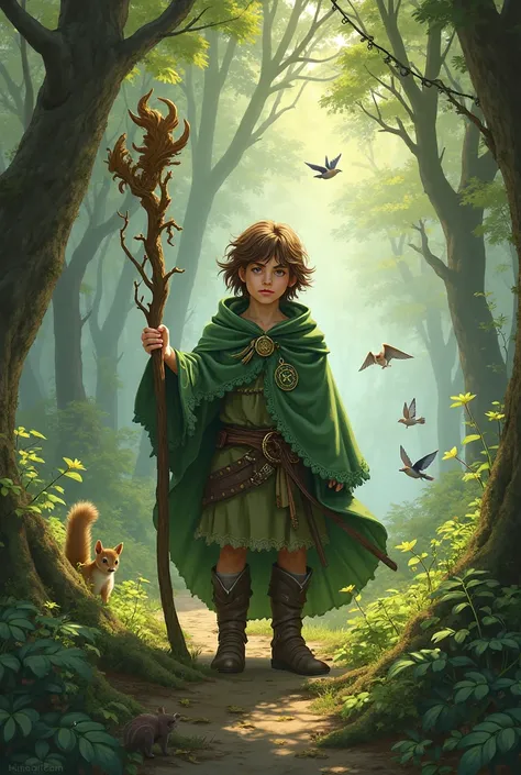 Druid halfling(hobbit) with a green cape inside the forest, wavy brown hair and without beard, with some animals around him and a druid's stick in his hand