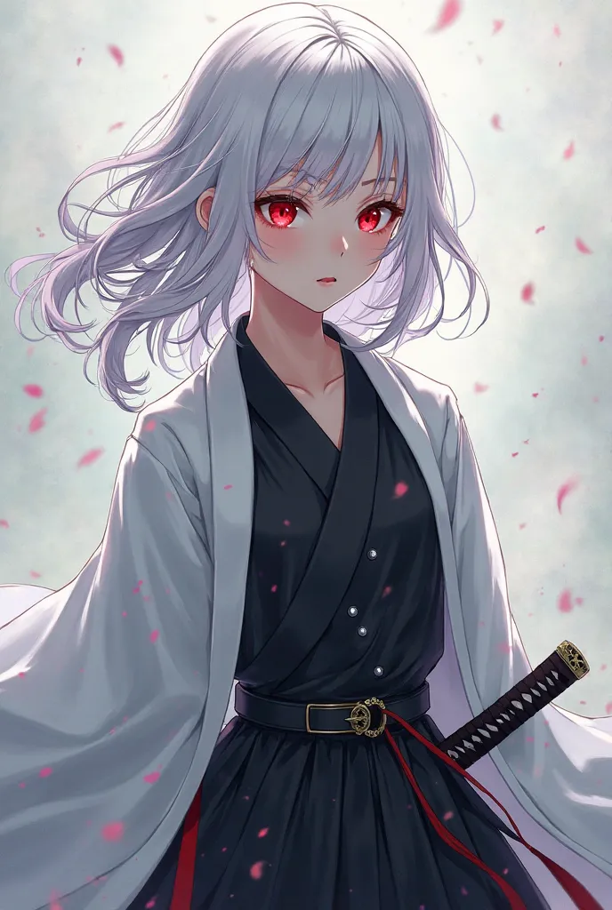  long white hair that covers shoulders, red eyes,  Anime Girl,  Black Hakama Pants , black shirt with silver buttons, White long-sleeved haori, Sword on waist.