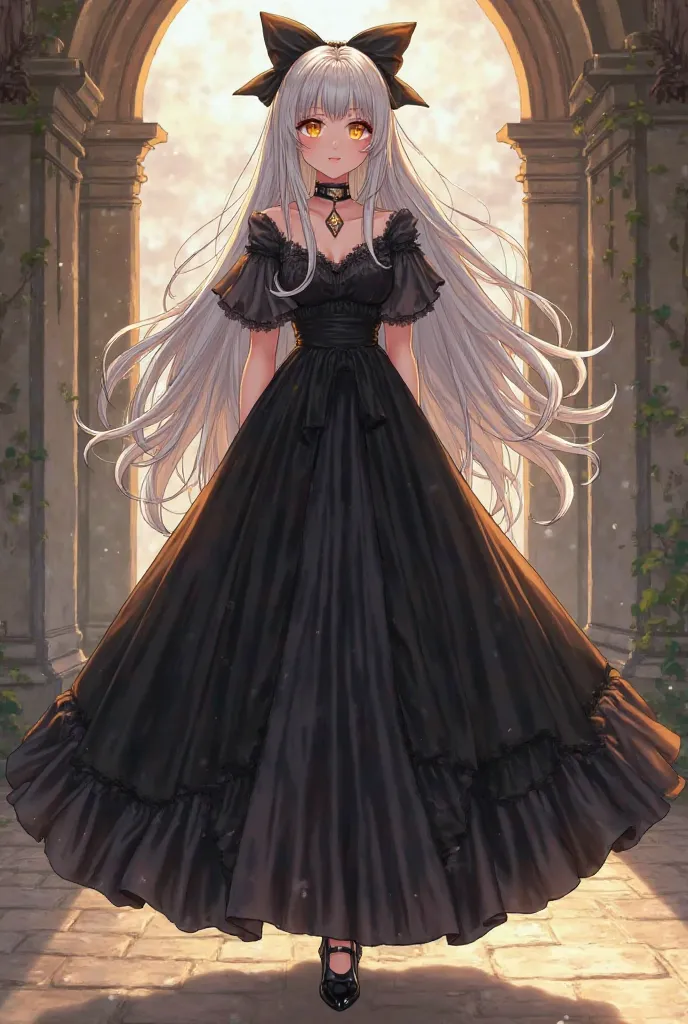 Adult female. Fully body. Long flowy silver hair. Bright gold eyes. big thick lashes. Anime cartoon Style. Black and dark long black fluffy ball gown, and black heels. Hair bow accessories. Black Choker necklace and black nails. Walking and manor backgroun...