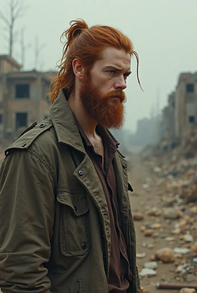 homme de 29ans qui parrait jeune il mesure 1m80 couleur des yeux marron cheveux long attacher avec une barbe courte rouge et déprimer il n'est pas en costume décor post apocalyptique 