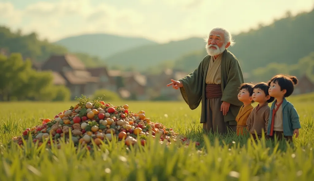 "An elderly man standing in a green field, pointing towards a pile of wasted food while a group of curious ren listens attentively. The man's face is wise and gentle, and the ren look thoughtful as they learn. The background is softly blurred, showing a pe...