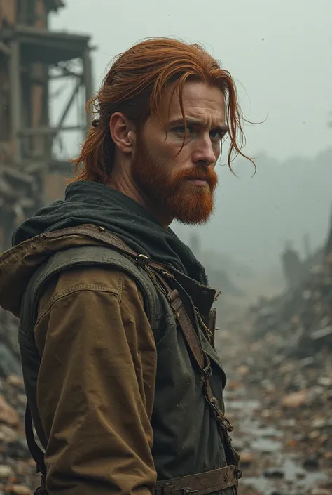 homme de 29ans qui parrait jeune il mesure 1m80 couleur des yeux marron cheveux long attacher avec une barbe courte rouge et déprimer il n'est pas en costume décor post apocalyptique 