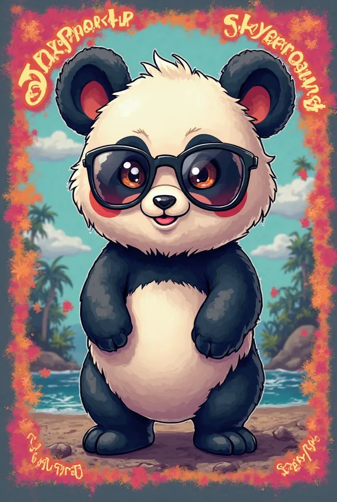 Panda as pokemon art, with a border that say snexysaints, panda wearing sunglasses 