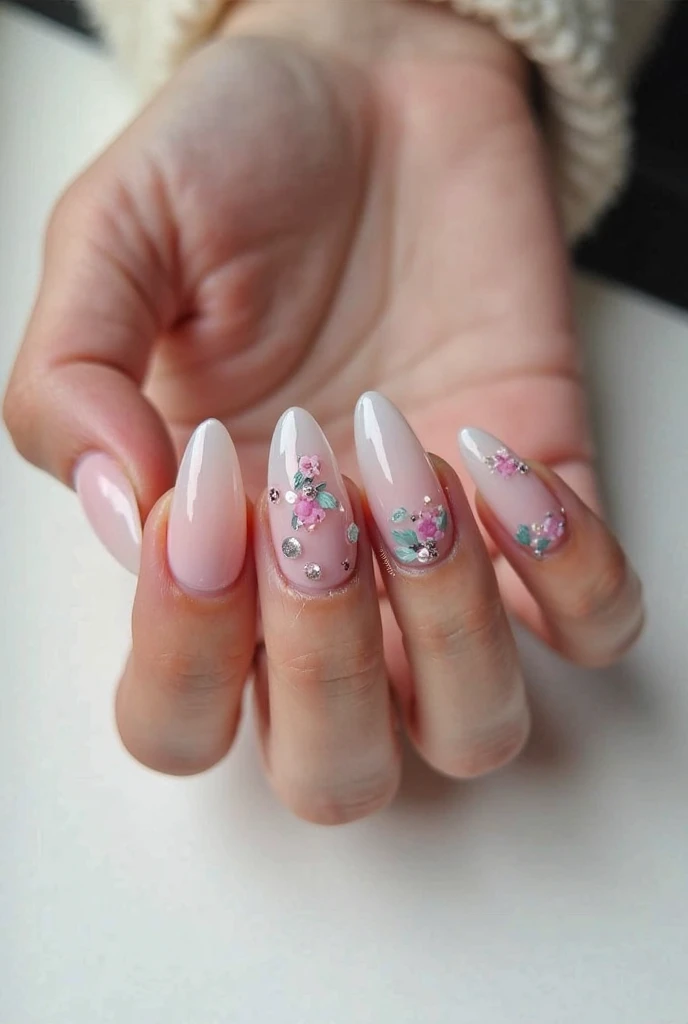 "A stylish hand showcasing trendy gel nail designs with a soft pastel ombre effect and delicate floral details. The nails are perfectly shaped in a coffin style, with a high-shine finish. The background is minimalistic and aesthetic, emphasizing the beauty...