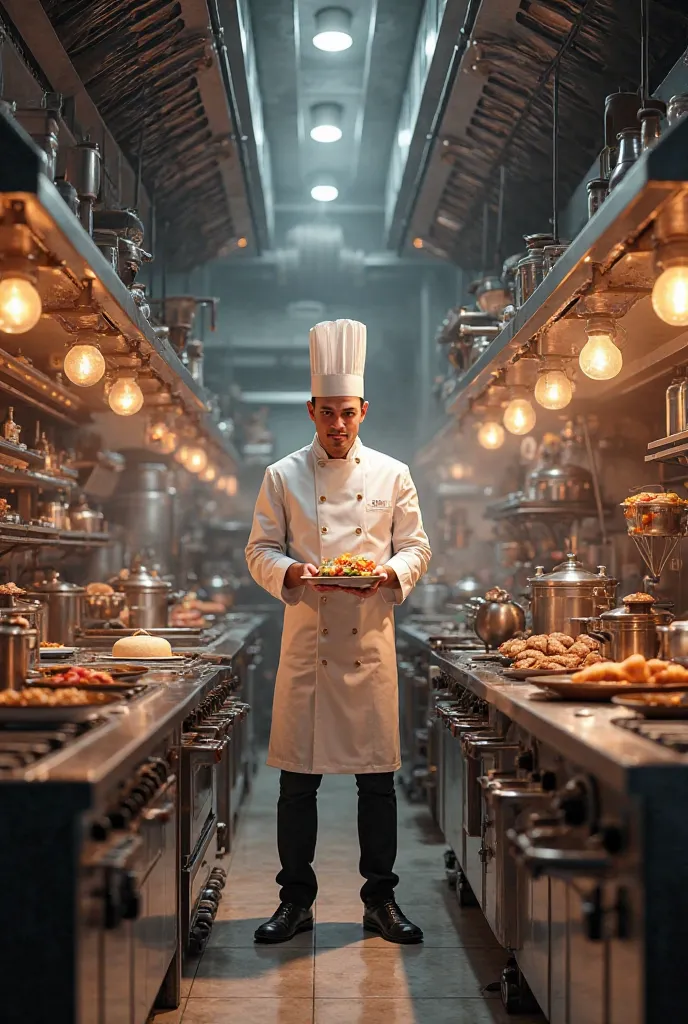 Kitchen of a restaurant with a stove,Frigo,kettle,Oven and chef who cooks