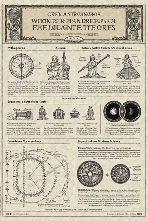 Infographic Title: Greek Astronomy and the Spherical Earth

Sections:

Key Astronomers:

Pythagoras:
Image: Simple sketch of Pythagoras.
Text: "Proposed Earth is a sphere."

Aristotle:
Image: Sketch of Aristotle.
Text: "Observed Earth's shadow on Moon, shi...