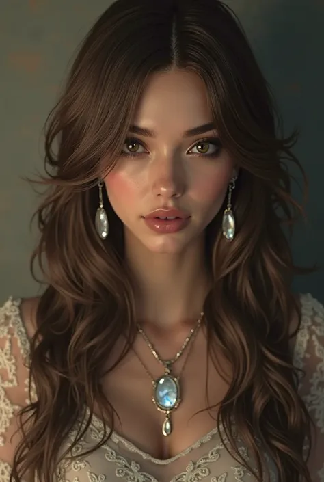 Aesthetics of Resident Evil 6 video game  ,girl with long brown hair layered ,light brown eyes   , full lips ,oval face ,with a beautiful nose and wearing a Chanel   ,outfit, long moonstone earrings and a necklace with a moonstone pendant 