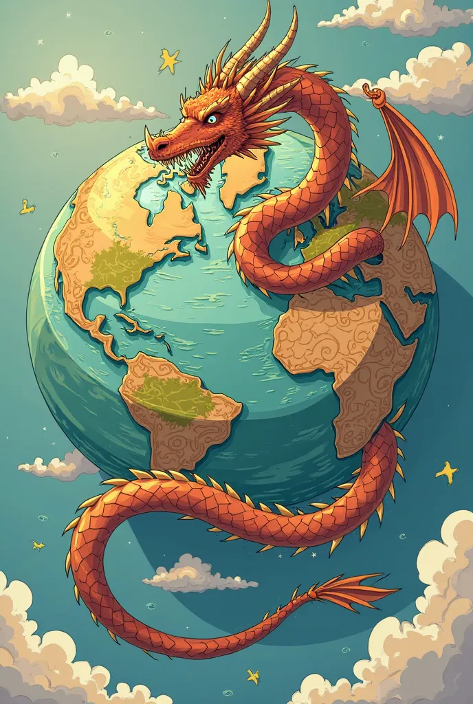 Western dragon wrapped around the world flat cartoon art
