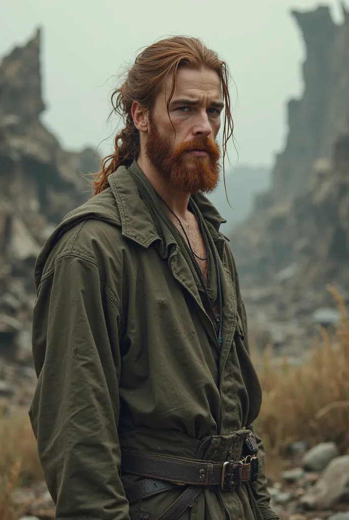 homme de 29ans qui parrait jeune il mesure 1m80 couleur des yeux marron cheveux long attacher avec une barbe courte rouge et déprimer il n'est pas en costume décor post apocalyptique 