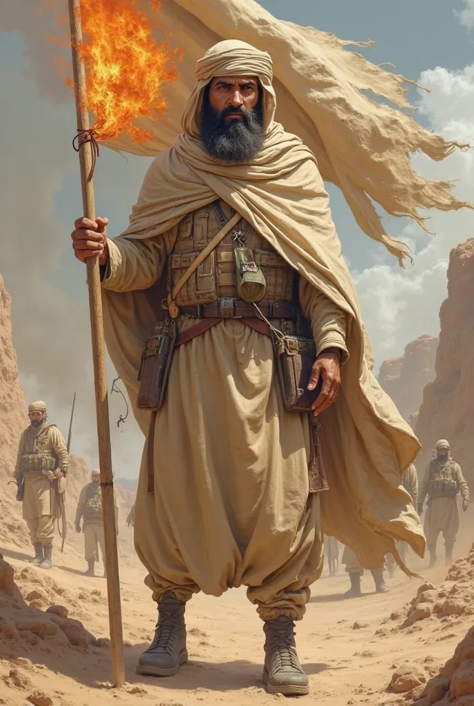 Illustration of a full-body bearded Arab soldier belonging to a battalion dressed in beige and sand-colored fabrics roasting a flag made of beige cloth girdles