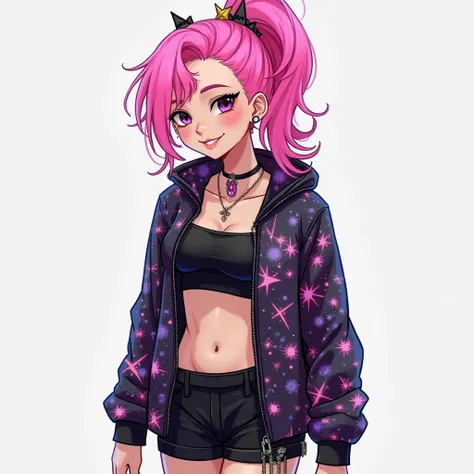 A girl wearing a galaxy mesh jacket with star patterns, a black tube top, and black shorts. She has neon pink hair styled in a messy ponytail with star-shaped hair clips. She also has a belly piercing and a nose ring.
