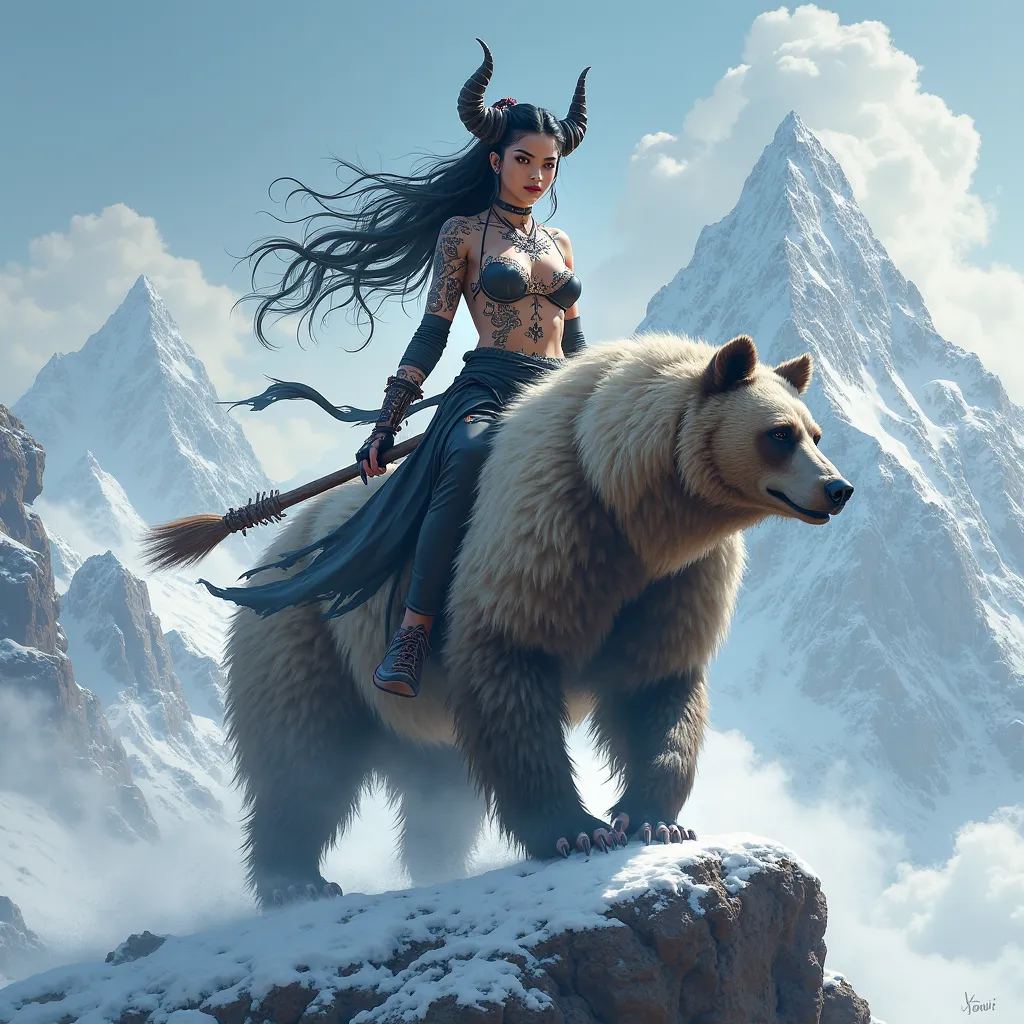 Beauty with black hair, horns, tattoos , ninja warrior riding a bear , top of the mountain 