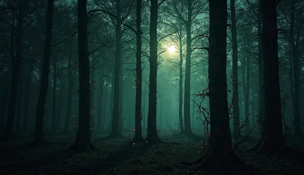 A dense, dark forest at night. The trees are silhouetted against a moonlit sky, and faint, glowing tendrils can be seen moving between the trees. The colors are deep greens and blacks, with the glowing tendrils adding an unnatural touch.