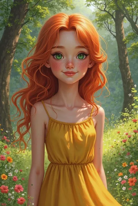 RED-HAIRED GIRL WITH FRECKLES ON HER FACE AND YELLOW DRESS AGAINST THE BACKGROUND OF A PARK REALISTIC VERSION THAT SHOWS HER WHOLE BODY