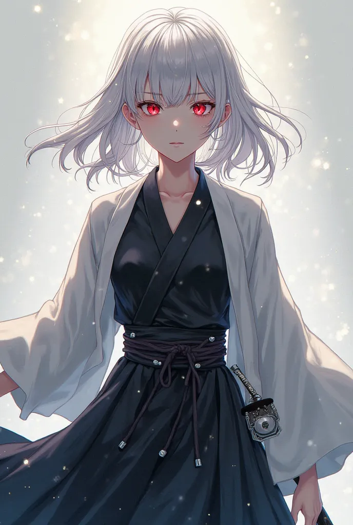  long white hair that covers shoulders, red eyes,  Anime Girl,  Black Hakama Pants , black shirt with silver buttons, White long-sleeved haori, Sword on waist.