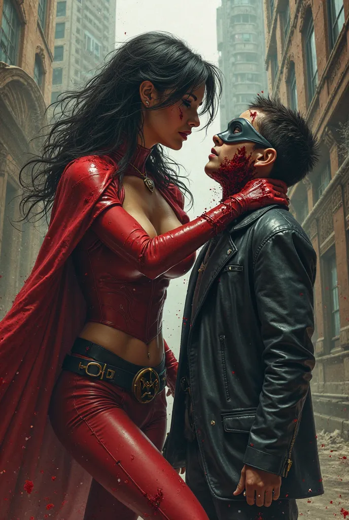 Hight quality, realistic, very beautiful woman, boy hoodie, woman superheroine, boy full face mask, boy Thief, woman cut throat boy, woman very big breast, blood spurted out of the boy neck profusely, woman kill boy, woman knife