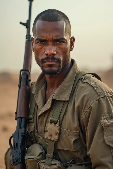 brown man, military,  short hair, With a rifle in the back