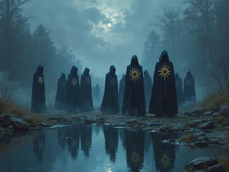 warhammer 40k, cultists with dark blue robes and golden sun symbols, faces not visible under their robes, standing at a lake 