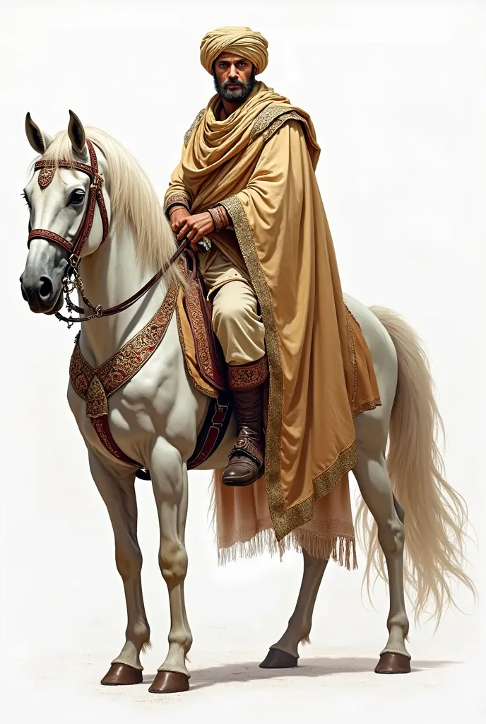 Illustration of a rich and elegant full-body upper class ancient Arab soldier dressed in beige and sand-colored fabrics from the Assassin's Mirage saga on a white horse percheron