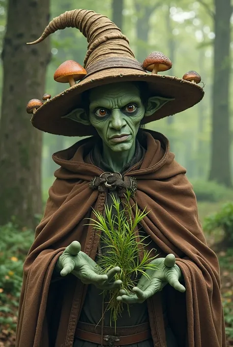 a humanoid, pale green skin, no hair, wearing wizard like hat with mushrooms sticking out, wearing brown leather cloak, has a spiky ivy between his hands like he sows nature. majestic forest background.