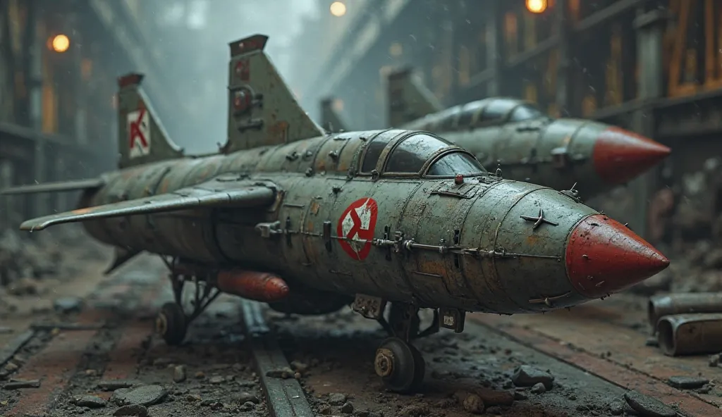 Realistic image of experimental weapons invented by the Nazis: missiles with wings and an airplane cockpit , with the Oz sign and the hammer , 4k high quality 