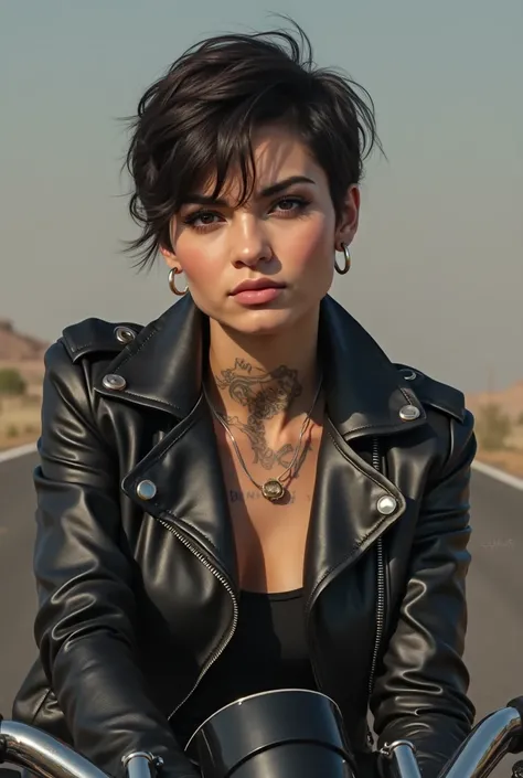 A woman, 25, iranian, short brown hair (tomboy, sides shaved), brown eyes, masculine, athletic, wearing a black leather jacket, tattoos on her neck, sitting on a motorcycle, realistic, hd, portrait 