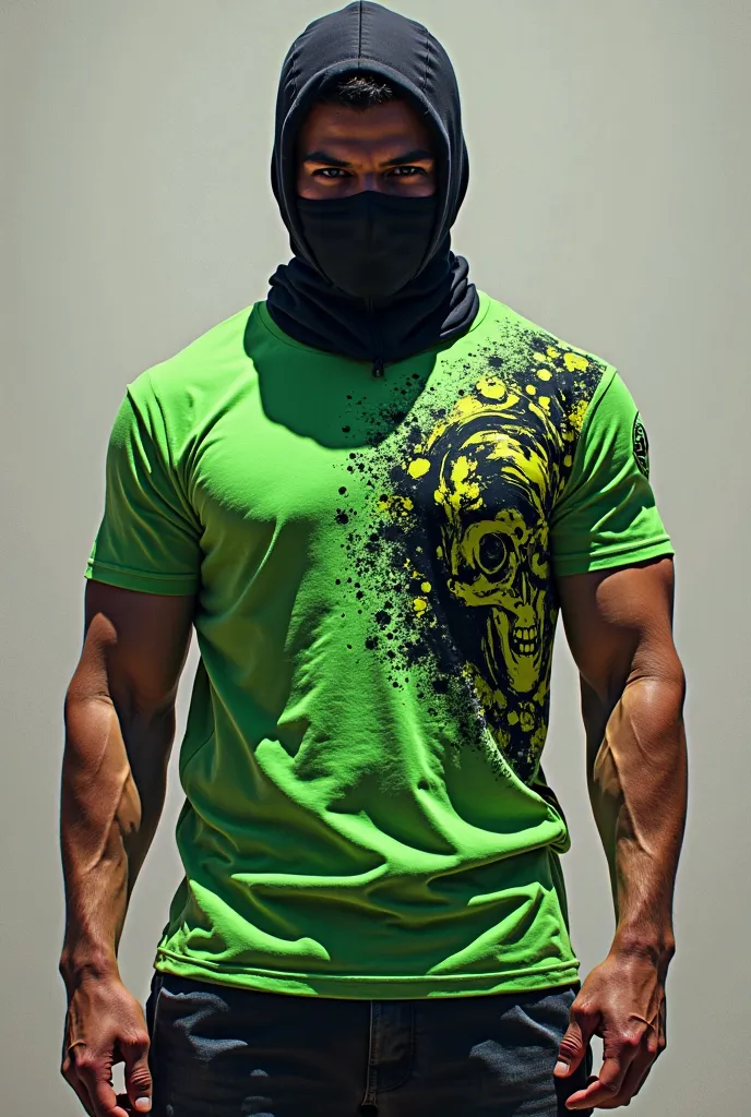  He has muscles and wears a t-shirt that says MOB CHWAKER and colored. This is a green and black shirt. I draw a masked man 