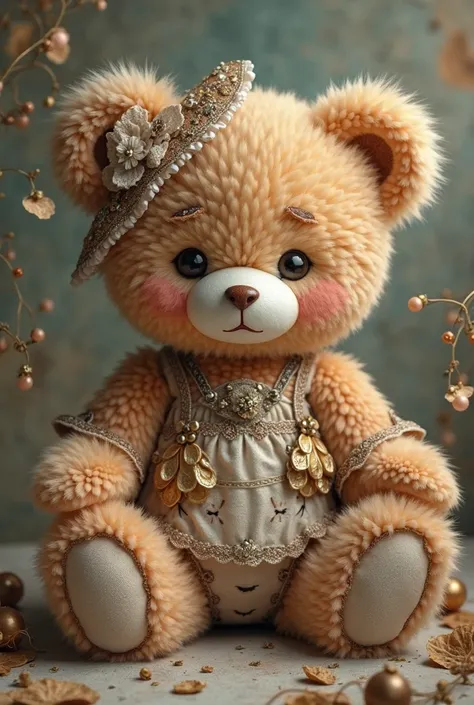 A unique picture of  a teddybear with characteristics features and adornments 