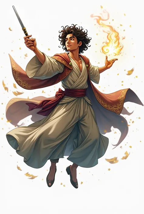 create a full body male character, skin color tanned,  CURLY HAIR  , dark brown eyes, round nose, thin , with wizard clothing, anime style, With a magic wand,  white background, Pose of flying  