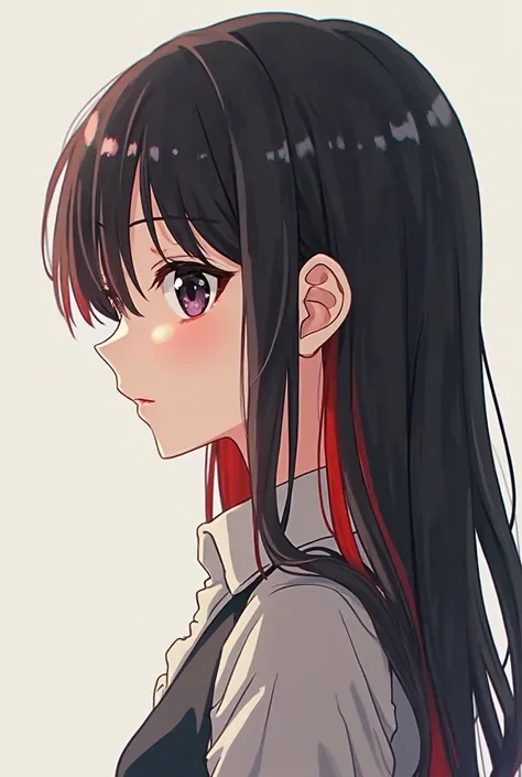 An anime-style girl with all her black hair but with a lock of red hair looking from the side that she is in 2D like a logo