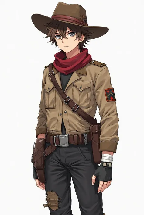 anime style,  Anime Boy, creamy skin, curly brown hair,  grey eyes,  Tall, slightly muscular, black military pants torn, one leather knee pad on the left knee,  grey Mike , beige dirty military jacket, worn leather cowboy hat, leather pouch on the right wa...