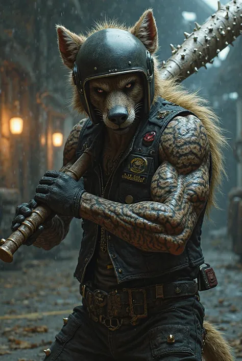 male humanoid hyena motorcycle club vest with motorcycle helmet, colete de motoclube, motorcycle helmet and holding an aluminum baseball bat with spikes on the tip in her hand 