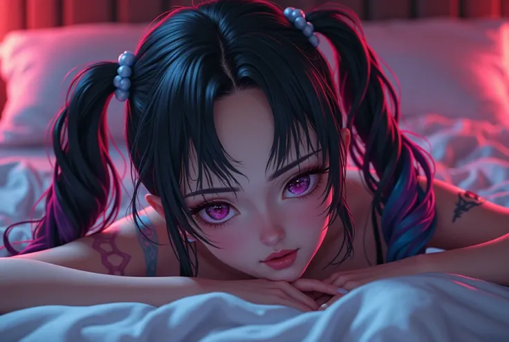 Create an image of an anime dominatrix, lying on a bed. Give her black hair in pigtails, with pink and blue streaks like harley quinn