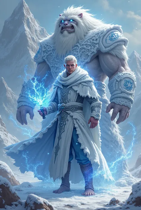 a male frost mage, pale magenta skin,  wearing white and blue themed ice wizard cloak, he has a mamooth with white and blue themed armor in the background, ice mountains in the background