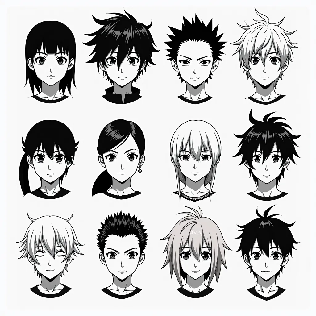 Anime style heads, that they are unique and that there are enough heads of men and that you can see only the heads and complete ones and that they are in black and white to color