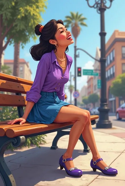 Tip: A very lovely  beautiful Asian American woman being happy alone on a bench in Downtown San Diego in the sun..The illustration is a high definition illustration with 4k resolution., with highly detailed facial features and cartoon style visuals, purple...