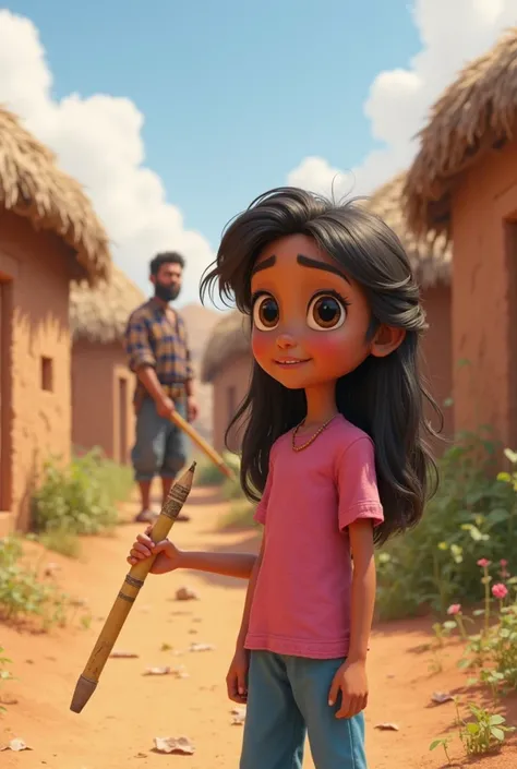 A small, remote village with mud houses and fields, rendered in vibrant Pixar-style 3D. Zainab, a  girl with big hazel eyes and long dark hair, stands near her home, holding an old pencil. She wears a pink shirt and blue pants, with her hair slightly messy...