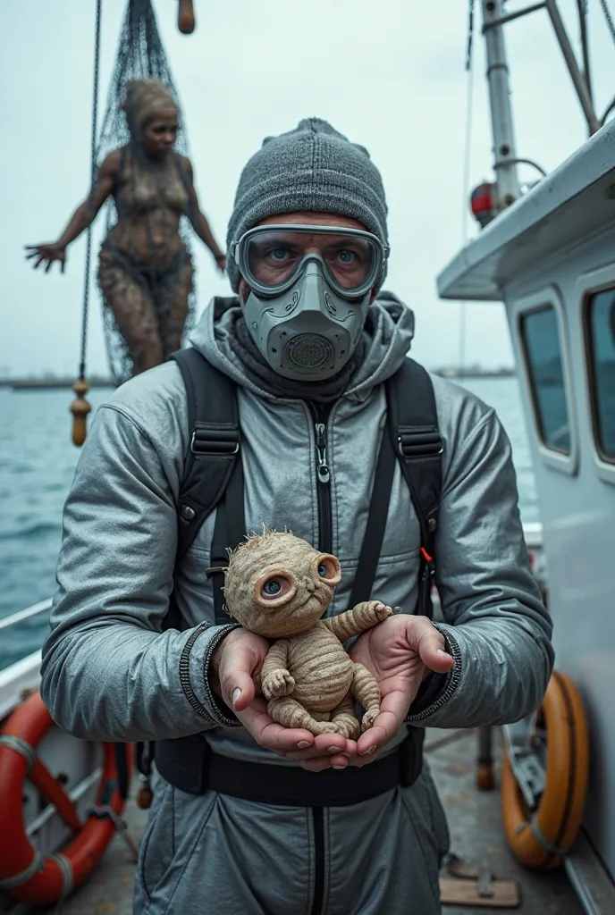 We're on a modern fishing boat, and at the front of the boat there's a scientist wearing a silver wetsuit, a mask over his mouth and plastic goggles. In his hands, the scientist holds a baby mermaid, surprised by his discovery. Behind him, a fishing net is...