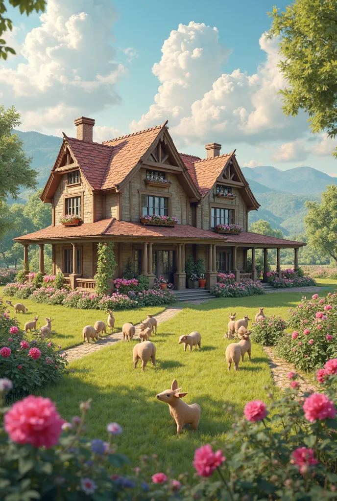 make the house bigger and make all the animals bababies also make the house further away with more land showing and add window boxes with pink flowers 