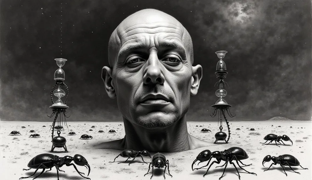 "A surrealist charcoal drawing depicts the head of a man in the middle of a vast desert. His expression is enigmatic, with deep shadows accentuating his features. Around him, ants march slowly, each carrying a small hourglass on its head, symbolizing the p...