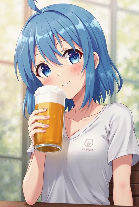 Roxy Migurdia with a beer in hand and a smile,from the anime Mushoku Tensei, with drawing like an anime