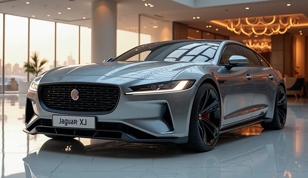 Full left view of painted grey with shiny clour 2025 Jaguar XJ sleek in large shape sedan in large size with 2025 Jaguar XJ logo on its large detailed grille in shiny black clour with angular sporty design captured from full left view with modified sleek b...