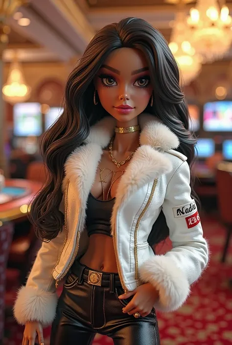 3D illustration of a beautiful long-haired Bratz wearing a furry white leather jacket decorated with “NADIA BET” and she is inside a casino 