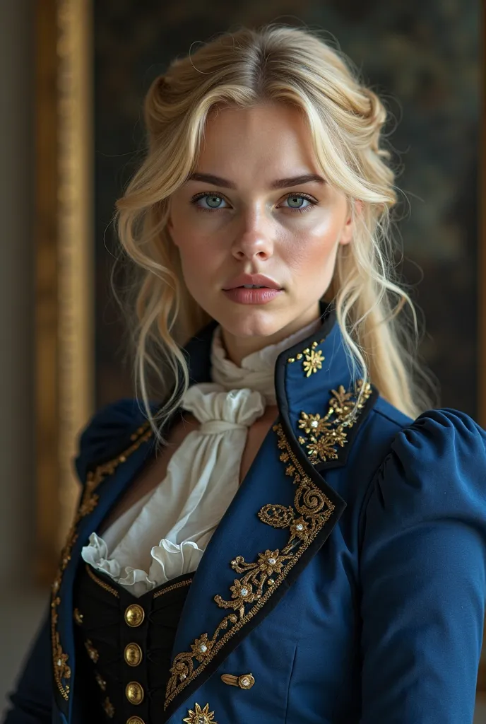 Beautiful blonde girl identical to Emilia Clarke dressed in seventeenth-century men's clothing in black and blue&#39;s suit 