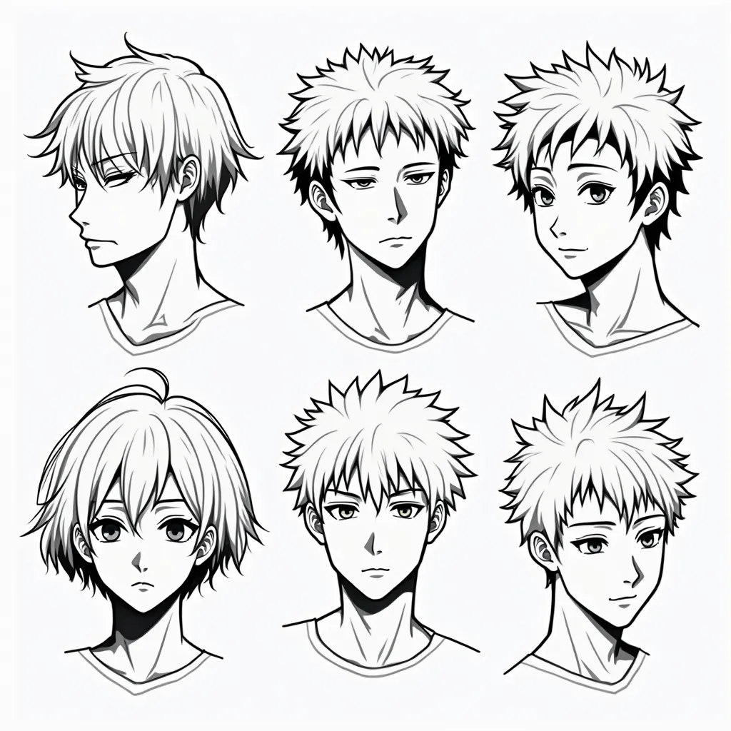 Anime style heads, that they are unique and that there are enough men's heads and that they have unique hair and that only the heads are visible and complete and that they are in black and white to color